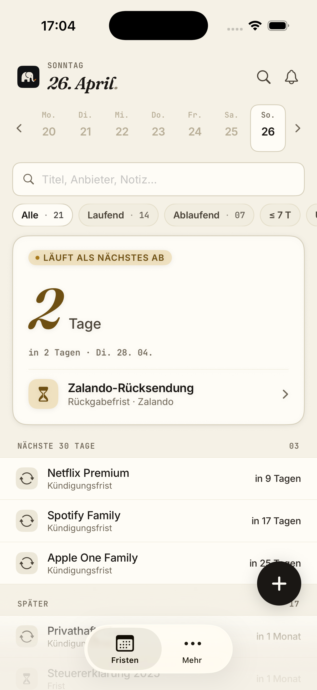 Fristen-Home mit Hero-Countdown.