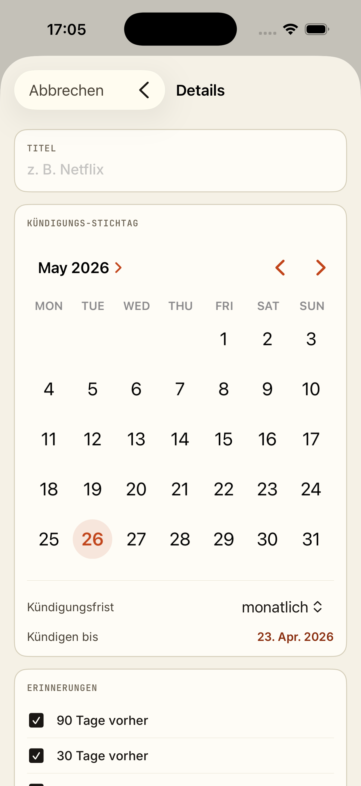 Eintrag erstellen — Stichtag, Frist, Erinnerungen.