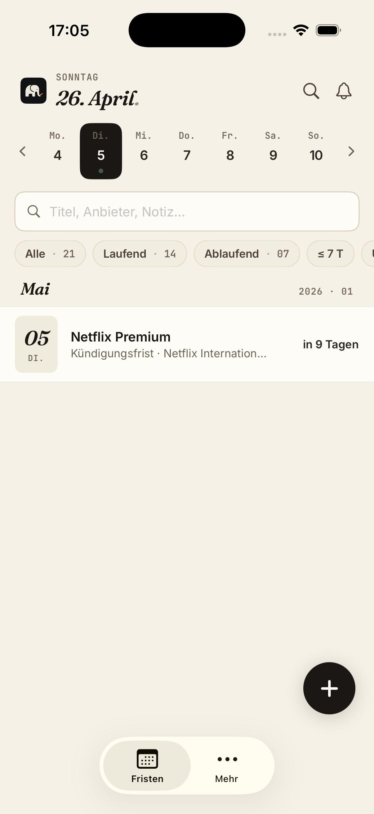 Tag-Filter aktiv — Wochenstreifen mit ausgewähltem Tag.