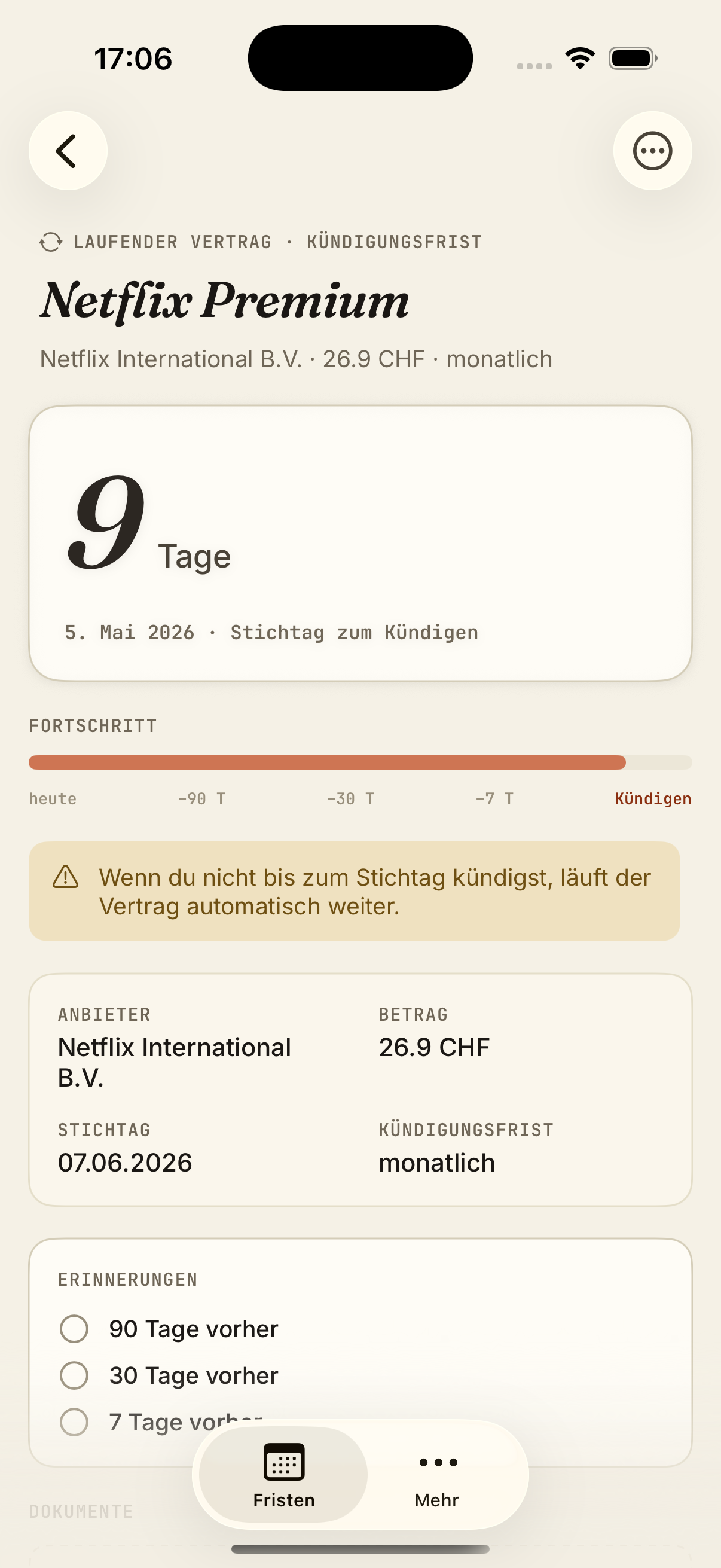 Detail-Ansicht — Countdown, Fortschritt, Erinnerungen.