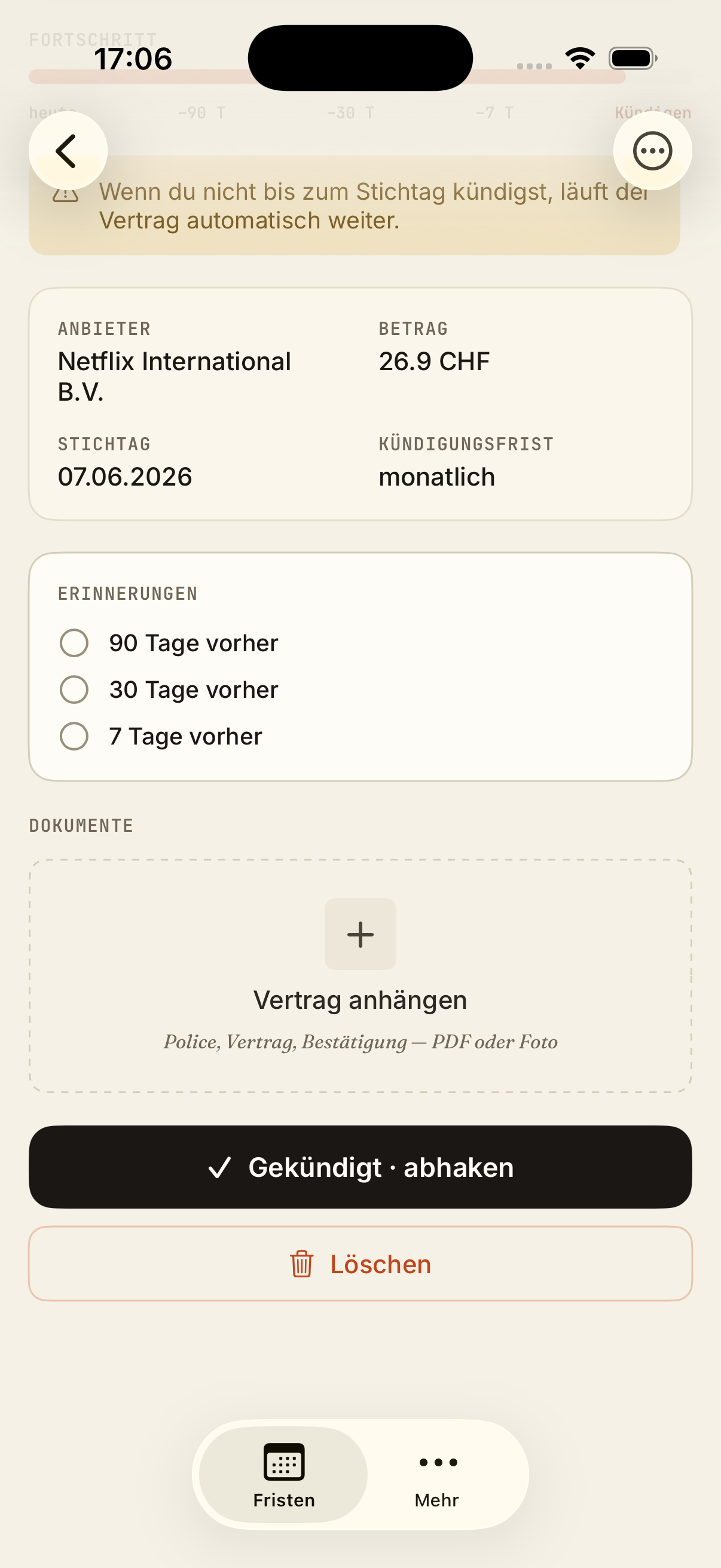 Anhang-Sektion — PDF und Foto direkt am Eintrag.